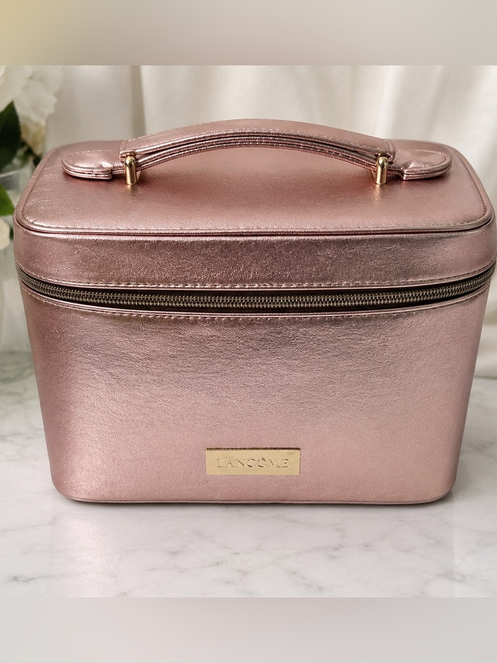 Lancôme Rose Gold Train Case Makeup Bag Large Cosmetic Travel Organizer NEW